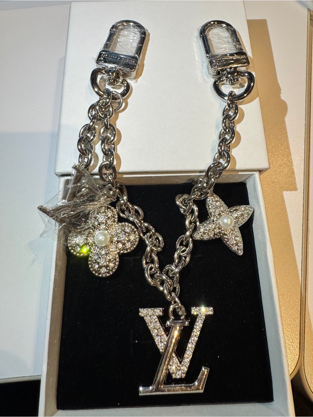 Louis Vuitton Silver Crystal Flower Charm Bag Chain with Pearl Centers